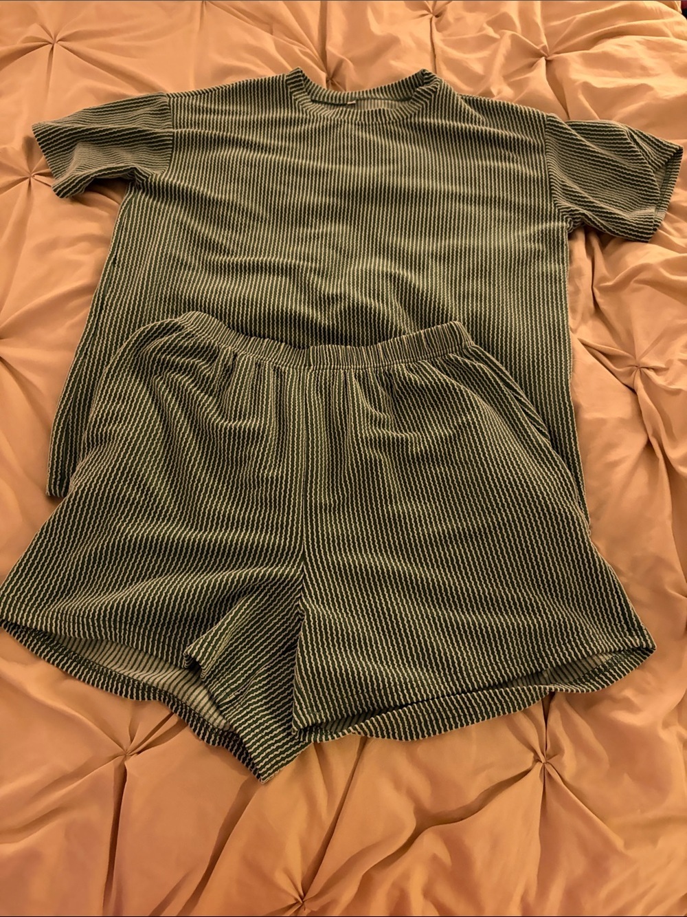 Striped Olive Green Lounge Set - Top & Shorts
